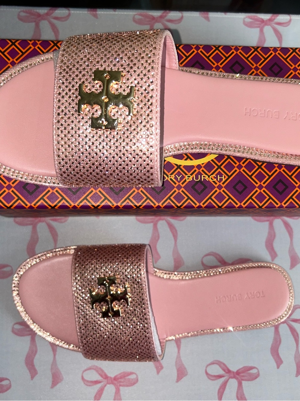 Tory Burch Rose Pink Crystal Logo Slide Sandals
